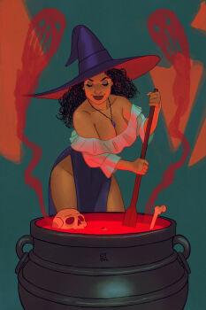 1girl artist_name bare_shoulders bone boots breasts cauldron cleavage collarbone crowley_boots curly_hair dark_skin freckles hat high_heel_boots high_heels highres jewelry large_breasts necklace no_bra no_panties non-web_source original pelvic_curtain self-upload side_slit simple_background skull solo thick_thighs thighs witch witch_hat