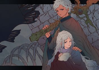 Rule 34 | 1boy, 1girl, absurdres, beads, boy (tenshi no tamago), braid, cloak, commentary request, egg, expressionless, fish, girl (tenshi no tamago), hair beads, hair ornament, hand on another's shoulder, highres, holding, holding egg, holding weapon, ichi asakura, long hair, long sleeves, ponytail, skeleton, stone wall, tenshi no tamago (anime), upper body, weapon, white hair