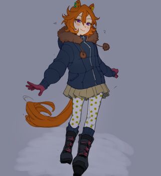 1girl absurdres animal_ears breasts brown_hair dungeonbgm ear_ornament ear_piercing hair_between_eyes highres horse_ears horse_girl horse_tail long_sleeves looking_at_viewer orange_hair orange_tail piercing purple_eyes shirt short_hair skirt smile solo t.m._opera_o_(umamusume) tail umamusume umamusume:_beginning_of_a_new_era umamusume:_road_to_the_top