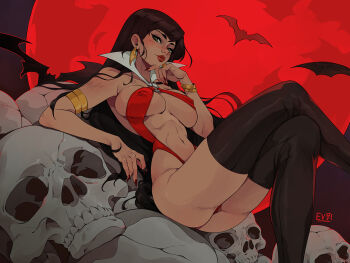 1girl armlet artist_name ass bat_(animal) black_hair black_thighhighs bracelet breasts covered_erect_nipples crossed_legs earrings emmanuel_viola gold_armlet gold_bracelet golden_armlet green_eyes halloween jewelry large_breasts long_hair looking_at_viewer moon navel night one-piece_swimsuit outdoors red_lips red_moon red_one-piece_swimsuit sideboob signature sitting skull solo swimsuit thighhighs vampire vampirella vampirella_(character)