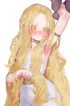 2boys absurdres armpits blonde_hair cowboy_shot crossdressing crossdressing_(mtf) dress ekrea_jan elden_ring half-siblings highres long_hair male_focus miquella_(elden_ring) multiple_boys siblings solo_focus trap white_dress yellow_eyes
