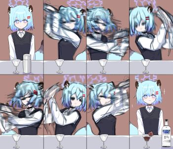 1girl 2_pycat absolut_vodka absurdres alcohol animal_ears bartender black_choker black_sweater_vest blue_archive blue_hair bottle choker cocktail_glass cocktail_shaker commentary cup dress_shirt drinking_glass fine_art_parody hair_ornament hairclip halo highres holding_cocktail_shaker liquor messy_hair motion_blur parody purple_eyes purple_halo sequential shaking shigure_(blue_archive) shirt short_hair smear_frame sweater_vest tail the_making_of_the_perfect_martini weasel_ears weasel_girl weasel_tail white_shirt