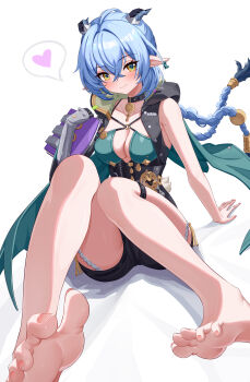 1girl absurdres aichinaigai animal_ears barefoot black_horns black_unitard blue_hair blush book bra braid breasts choker cleavage closed_mouth collarbone commentary_request crossed_bangs earrings feet foot_focus goat_ears goat_girl goat_horns goat_tail green_bra hair_between_eyes heart highres holding holding_book horns jewelry key key_choker knee_strap long_hair looking_at_viewer lucia_elowen medallion medium_breasts mole mole_on_arm pointy_ears shadow simple_background single_bare_shoulder single_sleeve sitting smile solo spoken_heart tail toes twin_braids underwear white_background yellow_eyes zenless_zone_zero