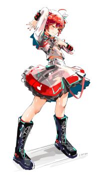 Rule 34 | 1girl, absurdres, ahoge, arm up, belt, black belt, black boots, black skirt, boots, bow, buttons, closed eyes, closed mouth, double-breasted, drill hair, fingernails, full body, grey jacket, grey skirt, hair between eyes, hair bow, hand up, highres, jacket, kasane teto, kasane teto (sv), kneehighs, lace-up boots, layered skirt, layered sleeves, long sleeves, midriff peek, mp777b, red nails, red skirt, red socks, red trim, shoulder belt, shoulder boards, simple background, skirt, smile, socks, solo, standing, synthesizer v, twin drills, utau, white background, white bow