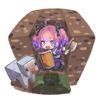 1girl absurdres ahoge axe blue_eyes fang fugota6509 highres holding holding_axe holding_shield hololive hololive_dev_is kikirara_vivi minecraft multicolored_hair pink_hair purple_hair rain scared shadow sheep_(minecraft) shield tearing_up twintails two-tone_hair virtual_youtuber zombie_(minecraft)