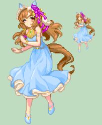 Rule 34 | 1girl, animal ears, blush, brown hair, commentary request, dress, full body, hair between eyes, hair ornament, horse ears, horse girl, horse tail, keykey117117, looking at viewer, one eye closed, pixel art, red eyes, shoes, simple background, sleeveless, solo, still in love (umamusume), tail, umamusume, veil