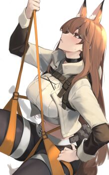 1girl animal_ears arknights brown_eyes brown_hair choker climbing collared_jacket fluffy fluffy_ears fox_ears fox_tail franka_(arknights) franka_(rainforest_me_rainbow)_(arknights) harness highres jacket mari0ball midriff open_clothes open_jacket rope shorts simple_background sleeve_cuffs solo sweat tail thighs white_background
