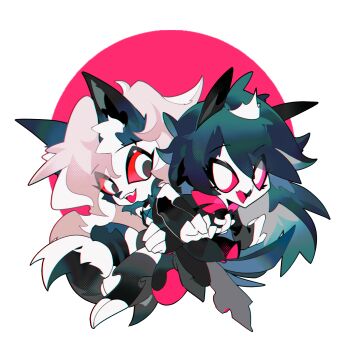 2girls animal_ears black_feathers crop_top dog_ears dog_girl dog_tail feathers furry furry_female hellaverse helluva_boss highres looking_at_another loona_(helluva_boss) multiple_girls octavia_(helluva_boss) owl_girl red_eyes shorts tail zhu_xing_pupupu