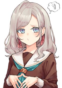 1girl absurdres aqua_neckerchief blue_eyes blush ceras_yanagida_lilienfeld closed_mouth commentary_request grey_hair hair_ribbon hasu_no_sora_school_uniform highres link!_like!_love_live! long_hair long_sleeves looking_at_viewer love_live! mendo_(mend0o0) neckerchief pink_ribbon ribbon sailor_collar school_uniform simple_background solo speech_bubble spoken_squiggle squiggle swept_bangs thought_bubble upper_body white_background white_sailor_collar