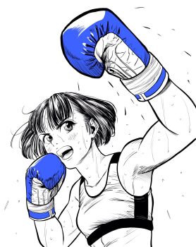 1girl abs blue_gloves boxing boxing_gloves breasts commentary_request flying_sweatdrops gloves hatching_(texture) highres lee_(dragon_garou) linea_alba midriff monochrome mouth_guard open_mouth original punching serious short_hair small_breasts solo sports_bra spot_color sweat toned toned_female upper_body v-shaped_eyebrows very_sweaty
