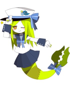 blue_skirt blush bow colored_skin eyelashes fins fish_tail funamusea funamusea_(artist) green_hair green_nails hat long_sleeves nail_polish official_art orange_eyes pleated_skirt reley_io_(funamusea) ribbon salute school_uniform serafuku shirt six_pointed_star skirt smile solo star_(symbol) tail tail_ornament tail_ribbon two-finger_salute white_background