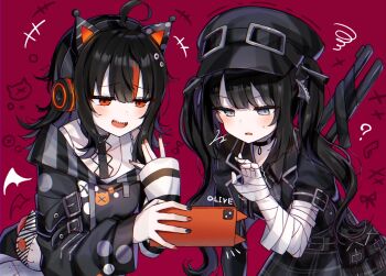 Rule 34 | 2girls, :d, ahoge, ammunition pouch, animal ear headphones, animal ears, arm warmers, bandaged arm, bandages, black choker, black dress, black hair, black hat, black jacket, black nails, cat ear headphones, cat ears, cellphone, choker, commentary request, dress, fake animal ears, goggles, goggles on headwear, grey eyes, gun, hat, headphones, highres, holding, holding phone, jacket, kurobe nanoka, long hair, mahou shoujo no majo saiban, medium hair, meu203, multicolored hair, multicolored nails, multiple girls, nail polish, open mouth, orange eyes, orange hair, orange nails, parted lips, phone, plaid clothes, plaid dress, pouch, rifle, sawatari coco, sharp teeth, single arm warmer, smartphone, smile, streaked hair, striped arm warmers, teeth, twintails, upper teeth only, weapon, white arm warmers