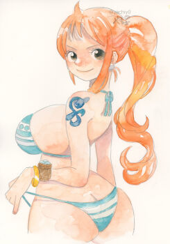 1girl absurdres adapted_costume ass back back-tie_bikini bangle bikini bracelet breasts butt_crack closed_mouth curvy drink earrings food fruit green_bikini green_eyes high_ponytail highres holding holding_drink huge_ass jewelry large_breasts long_hair looking_at_viewer looking_back nami_(one_piece) nami_(one_piece)_(return_to_sabaody) one_piece orange_(fruit) orange_hair pearl_earrings ponytail shoulder_tattoo sideboob sitting skindentation smile striped_bikini striped_clothes swimsuit tattoo thong thong_bikini wide_hips yachiy0