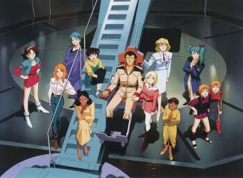 1990s_(style) 1boy artist_request black_hair boots bright_noa cecily_fairchild chair char&#039;s_counterattack crossover dark_skin dress elpeo_puru four_murasame g_gundam gundam gundam_0083 gundam_f91 gundam_zz lalah_sune leina_ashta looking_at_viewer mecha_pilot_suit military military_uniform mobile_suit_gundam multiple_girls nina_purpleton normal_suit_(gundam) official_art orange_hair promotional_art puru_two quess_paraya rain_mikamura retro_artstyle sayla_mass scan science_fiction shakti_kareen sitting spacecraft traditional_media tunic victory_gundam zeta_gundam