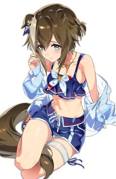 1girl animal_ears artist_request bikini bikini_top_only blue_bikini blue_hair blue_jacket blue_shorts blush braid breasts brown_hair brown_tail cheval_grand_(summer_calm_navy_drop)_(umamusume) cheval_grand_(umamusume) cleavage closed_mouth collarbone dot_nose ear_ornament embarrassed female_focus flat_chest highres hood hooded_jacket hoodie horse_ears horse_girl horse_tail jacket legs long_sleeves looking_at_viewer midriff multicolored_hair navel no_bra sexually_suggestive short_hair shorts simple_background sitting sleeveless small_breasts solo solo_focus stomach streaked_hair swimsuit tail thigh_strap thighs two-tone_hair umamusume white_background white_streaks