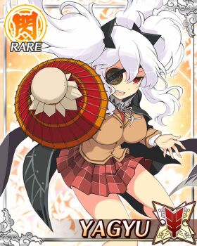 1girl black_cape border breasts brown_jacket cape card_(medium) character_name closed_umbrella eyepatch game_cg holding holding_umbrella jacket large_breasts long_hair necktie official_art oil-paper_umbrella open_mouth plaid_clothes plaid_skirt pointing pointing_at_viewer red_eyes red_necktie red_skirt senran_kagura senran_kagura_new_wave shuriken_hair_ornament skirt solo teeth third-party_source twintails umbrella upper_teeth_only very_long_hair white_hair yagyu_(senran_kagura)