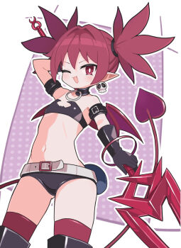 1girl :3 ;d bare_shoulders black_boots black_choker black_gloves blush boots border bright_pupils choker commentary cowboy_shot demon_girl demon_tail demon_wings disgaea earrings elder_spear etna_(disgaea) flat_chest gloves highres holding holding_polearm holding_weapon jewelry looking_at_viewer navel o-ring o-ring_choker one_eye_closed open_mouth outline outside_border polearm polka_dot polka_dot_background purple_background red_eyes red_hair red_thighhighs red_wings short_hair skull_earrings smile solo spear stomach suaman tail thigh_boots thighhighs thighhighs_under_boots weapon white_border white_outline white_pupils wings