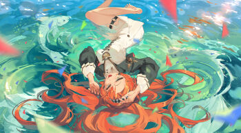 1girl :d absurdres alvin2017uk bare_legs barefoot checkered_hairband commentary_request dress fangs fish foot_out_of_frame green_eyes hair_spread_out hairband hands_up highres looking_at_viewer lying lying_on_water o-ring o-ring_thigh_strap on_back open_mouth orange_hair partially_submerged reverse:1999 ripples short_dress smile solo sonetto_(reverse:1999) thigh_strap upside-down water white_dress