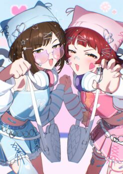 Rule 34 | 2girls, :3, animal ear headwear, bag, bandaid, bandaid on face, bandaid on nose, bandaid on thigh, beanie, blue skirt, braid, brown eyes, brown hair, claw pose, commentary request, fake animal ears, fang, fingernails, frilled thigh strap, hair ornament, hairclip, half-closed eyes, handbag, hat, heart, heart-shaped bag, heart sticker, highres, holding hands, idolmaster, idolmaster cinderella girls, idolmaster million live!, in-franchise crossover, looking at viewer, maekawa miku, multiple girls, nail polish, nonohara akane, open mouth, paw pose, pink-tinted eyewear, pink nails, pink skirt, red hair, short hair, skirt, standing, star (symbol), star hair ornament, sticker, sticker on face, thigh strap, tinted eyewear, triangle hair ornament, x hair ornament, yabukara