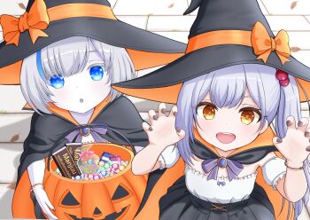 2girls :d :o alternate_costume azur_lane black_nails blue_hair blush claw_pose colored_skin detached_sleeves expressionless fang food from_above hair_bobbles hair_ornament halloween halloween_bucket halloween_costume hands_up hat highres long_hair looking_at_viewer looking_up medium_hair miniskirt multicolored_hair multiple_girls oceana_(azur_lane) open_mouth pleated_skirt purple_hair shinkyuu side_ponytail siren_(azur_lane) skirt smile strapless streaked_hair sweets tb_(azur_lane) tb_(young)_(azur_lane) tube_top two-tone_hair very_long_hair white_hair white_skin white_tube_top wide-eyed witch witch_hat yellow_eyes