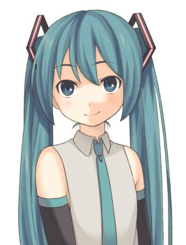 Rule 34 | 1girl, aqua hair, aqua necktie, armpit crease, bad id, bad tumblr id, bare shoulders, closed mouth, detached sleeves, dot nose, hatsune miku, light blush, long hair, looking at viewer, necktie, smile, solo, torla16, twintails, upper body, vocaloid, white background, wing collar