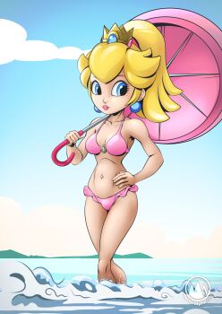 Rule 34 | 1girl, artist name, beach, bikini, blonde hair, blue eyes, breasts, cleavage, hand on own hip, highres, large breasts, legs, long hair, looking at viewer, mario (series), navel, nintendo, ocean, pink bikini, pink lips, ponytail, princess, princess peach, smile, solo, source request, swimsuit, thighs, umbrella, water