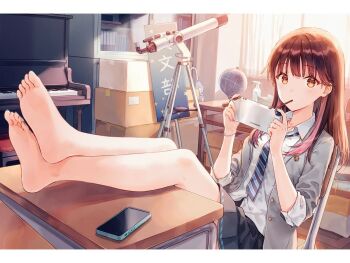 1girl ashita_hadashi_de_koi bare_legs barefoot black_hair book bookshelf cardboard cellphone chair crossed_ankles dress_shirt feet_on_table food food_in_mouth hiten_(hitenkei) indoors instrument jacket long_hair multicolored_hair necktie nito_chika novel_illustration official_art on_chair open_clothes open_jacket phone piano pink_hair playing_games pleated_skirt pocky pocky_in_mouth school_uniform second-party_source shirt sign sitting skirt smartphone solo streaked_hair table telescope yellow_eyes