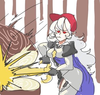 Rule 34 | baseball cap, cape, davewaterfalls, dragon girl, female corrin (fire emblem), fire emblem, fire emblem fates, hat, long hair, mouth hold, nintendo, pointy ears, red eyes, stalk in mouth, tree, unfinished, white hair, yato (fire emblem)