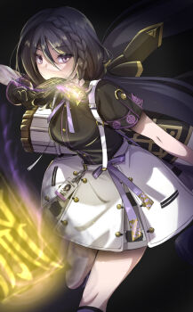 Rule 34 | 1girl, black background, black hair, black shirt, black survival, breasts, highres, hyejin (black survival), long hair, looking at viewer, medium breasts, official alternate costume, ofuda, purple eyes, quiver, shimo (depthbomb), shirt, simple background, skirt, solo, very long hair, white skirt