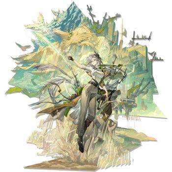 1girl absurdres age_comparison arknights arm_out_of_sleeve asymmetrical_horns belt bird black_belt black_gloves blueprint_(object) boots breasts brown_boots brown_coat brown_pants cityscape closed_mouth cloud cloudy_sky coat day demon_girl demon_horns dual_persona earrings eboda-x fingerless_gloves flying full_body gloves green_eyes grey_hair hair_between_eyes high_collar highres holding holding_hands holding_pen horns jewelry knee_boots long_coat long_hair machine nasti_(arknights) notched_ear official_art open_clothes open_coat outdoors pants pen pointy_ears shirt single_earring sky sleeves_rolled_up solo striped_clothes striped_pants tassel tassel_earrings third-party_source transparent_background uneven_horns vertical-striped_clothes vertical-striped_pants very_long_hair white_shirt