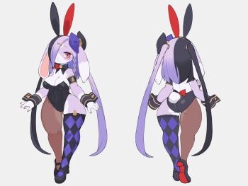 1girl animal_ears asymmetrical_legwear black_bow black_bowtie black_hair black_leotard bow bowtie braid braided_sidelocks breasts bunnimals cleavage curvy fake_animal_ears from_behind furry furry_female hair_bow hair_over_one_eye large_breasts leotard long_hair lop_rabbit_ears lupinus_(bunnimals) mismatched_legwear multicolored_hair multiple_views official_art pink_eyes playboy_bunny purple_fur purple_hair rabbit_ears rabbit_girl rabbit_tail reference_sheet rikose second-party_source shoes shortstack simple_background smile split-color_hair standing straight-on tail textless_version two-tone_hair two_side_up very_long_hair white_background wide_hips wrist_cuffs