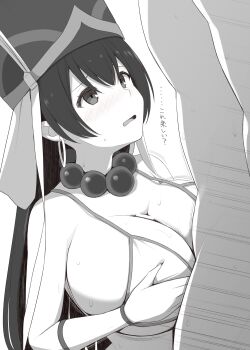 1boy 1girl beads bikini blush breasts cleavage commentary_request earrings fate/grand_order fate_(series) greyscale hetero highres hoop_earrings huge_breasts jewelry kurikara long_hair looking_at_another monochrome motion_lines open_mouth paizuri perpendicular_paizuri prayer_beads solo_focus sweat swimsuit translation_request xuangzang_sanzang_(fate) xuangzang_sanzang_(third_ascension)_(fate)