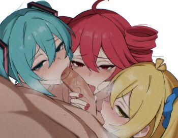 1boy 3girls absurdres ahoge akita_neru aqua_eyes aqua_hair blonde_hair blush commentary cooperative_fellatio fellatio fingernails hair_between_eyes hatsune_miku highres kagironsfw kasane_teto kasane_teto_(utau) licking licking_penis long_hair looking_at_viewer multiple_girls nail_polish oral penis red_hair red_nails simple_background teamwork_(sexual) testicle_sucking tongue tongue_out triple_baka_(vocaloid) twintails uncensored utau vocaloid white_background yellow_eyes