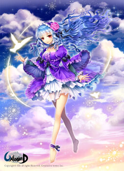 1girl ankle_garter bad_id bad_pixiv_id barefoot bird blue_hair bonnet choker circle_skirt cloud dress drill_hair ells female_focus floating_hair flower frilled_dress frills hair_flower hair_ornament highres legs long_hair long_legs looking_at_viewer pink_dress red_eyes sky smile solo thighs unleashed wavy_hair