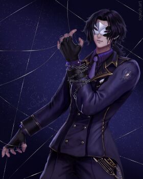 1boy arm_at_side black_hair black_mask bow bowtie buttons chain cid_kagenou_(john_smith) closed_mouth collared_shirt cowboy_shot criss-crossed_composition curtained_hair ear_piercing fingerless_gloves gloves gold_trim hand_up highres jacket jewelry kage_no_jitsuryokusha_ni_naritakute! lapels light_smile long_sleeves looking_at_viewer nose pants peaked_lapels piercing puppet_rings purple_background purple_bow purple_bowtie purple_jacket purple_pants purple_shirt red_eyes ring shirt short_hair signature solo sowuh watermark web_address white_mask wire wire_manipulation