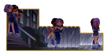 2girls absurdres amity_blight bad_id bad_twitter_id brown_hair closed_eyes couple dancing dark-skinned_female dark_skin highres implied_kiss kengyou_lei luz_noceda multiple_girls pajamas pointy_ears purple_hair rain sequential short_hair short_shorts shorts smile socks the_owl_house wet yuri