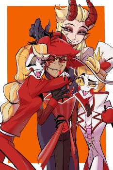 Rule 34 | 2boys, 2girls, alastor (hazbin hotel), blonde hair, blush stickers, charlie morningstar, demon boy, demon girl, demon horns, dress, formal clothes, grin, hazbin hotel, hellaverse, highres, horns, lilith (hazbin hotel), long hair, looking at another, lucifer morningstar (hazbin hotel), multiple boys, multiple girls, purple dress, red hair, red suit, shikasennbee, smile, suit, white suit