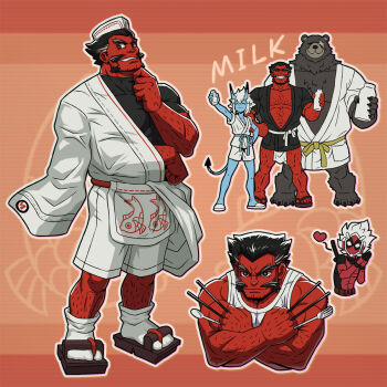 1girl 2boys animal_ears arm_hair barefoot bear_boy bear_ears beard ben_bigger billy_kid black_hair black_kimono black_shirt blue_skin bottle brown_fur chopsticks claws colored_skin cosplay deadpool deadpool_(cosplay) demon_horns english_text facial_hair fork general_chop_(zenless_zone_zero) geta grey_hair grin heart highres holding holding_bottle holding_chopsticks holding_fork holding_spoon horns japanese_clothes kimono milk multicolored_hair multiple_boys multiple_views mustache oni red_skin scar scar_across_eye scar_on_face shirt slippers smile socks soukaku_(zenless_zone_zero) spoon tabi white_footwear white_kimono white_socks wolverine_(x-men) wolverine_(x-men)_(cosplay) yukata zelo-lee zenless_zone_zero