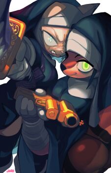 2girls absurdres angry artist_name ass brekkist commentary cross dated_commentary english_commentary engraved fangs foreshortening furry furry_female g-string gloves gold green_eyes gun highres holding holding_gun holding_sword holding_weapon multiple_girls nun original scar scar_on_face sword thong weapon white_gloves