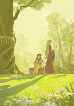 Rule 34 | 1girl, 2boys, absurdres, animal ears, blue flower, closed eyes, commentary request, dog boy, dog ears, flower, fox boy, fox tail, furrowed brow, green sailor collar, green skirt, hakama, hano 1219, highres, higurashi kagome, inuyasha, inuyasha (character), japanese clothes, long hair, multiple boys, nature, neckerchief, open mouth, outdoors, red hakama, red neckerchief, sailor collar, school uniform, shippou (inuyasha), shirt, sitting, skirt, smile, socks, tail, tree, well, white hair, white shirt, white socks