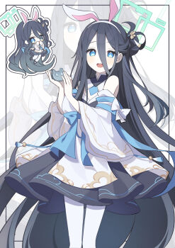 1girl :d absurdly_long_hair animal-themed_food animal_ear_hairband animal_ears aqua_halo aris_(blue_archive) bare_shoulders black_dress black_hair black_shoes blue_archive blue_bow blue_eyes bow bright_pupils chibi chibi_inset chinese_clothes commentary detached_sleeves double-parted_bangs dress eyes_visible_through_hair fake_animal_ears feet_out_of_frame flower food hair_between_eyes hair_bun hair_flower hair_ornament hairband halo hands_up highres holding holding_food inset_border long_bangs long_hair long_hair_between_eyes long_sleeves looking_at_viewer mooncake mulook multicolored_dress official_alternate_costume official_alternate_hairstyle open_mouth outline pantyhose rabbit_ear_hairband rabbit_ears rectangular_halo ringed_eyes shoes side_up_bun single_side_bun smile teeth upper_teeth_only very_long_hair white_background white_bow white_dress white_hairband white_outline white_pantyhose white_pupils wide_sleeves zoom_layer