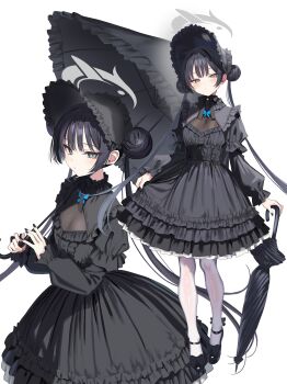 1girl absurdres alternate_costume black_bonnet black_dress black_hair black_shoes black_umbrella blue_archive blush bonnet breasts cleavage closed_mouth closed_umbrella commentary_request dress full_body grey_eyes grey_halo hair_between_eyes halo hidis0086 highres kisaki_(blue_archive) lolita_fashion long_hair long_sleeves looking_at_viewer medium_breasts multiple_views pantyhose revision shoes simple_background standing twintails umbrella very_long_hair white_background white_pantyhose