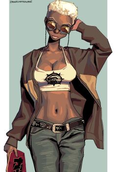 1girl arm_behind_head arm_up belt black_belt black_jacket breasts casual cleavage commentary contemporary crop_top dark-skinned_female dark_skin denim eyewear_strap facing_viewer gachiakuta highres holding holding_skateboard ironicnotsavage jacket jeans large_breasts navel pants round_eyewear semiu_grier short_hair skateboard solo sunglasses tank_top upper_body very_dark_skin very_short_hair white_hair white_tank_top