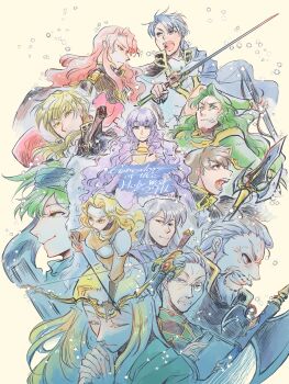 anniversary armor arrow_(projectile) arvis_(fire_emblem) ascot axe bandana black_cape black_coat black_gloves black_hair blonde_hair blue_bandana blue_cape blue_eyes blue_hair book bow_(weapon) breastplate brigid_(fire_emblem) brown_eyes brown_hair cape claud_(fire_emblem:_genealogy_of_the_holy_war) clenched_teeth closed_mouth coat curly_hair curtained_hair deirdre_(fire_emblem) eldigan_(fire_emblem) fire_emblem fire_emblem:_genealogy_of_the_holy_war floating_cape floating_hair frown furrowed_brow gae_bolg_(fire_emblem) gloves green_armor green_eyes green_hair grey_hair grin hair_between_eyes half-closed_eyes headband highres holding holding_arrow holding_book holding_bow_(weapon) holding_polearm holding_sword holding_weapon interlocked_fingers kuohsan lewyn_(fire_emblem) light_particles long_hair long_sleeves looking_at_viewer monocle nintendo open_mouth orange_shirt own_hands_together pauldrons polearm purple_eyes purple_hair quan_(fire_emblem) red_eyes red_hair shannan_(fire_emblem) shirt short_hair shoulder_armor sidelocks sigurd_(fire_emblem) smile sparkle sword teeth travant_(fire_emblem) twitter_username tyrfing_(fire_emblem) upper_teeth_only v-shaped_eyebrows very_long_hair weapon white_ascot white_coat white_headband wrinkled_skin yellow_background yellow_eyes yewfelle_(fire_emblem)