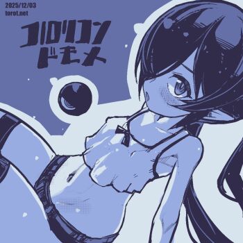 1girl :o backbeako_(torotei) backbeard bare_shoulders blue_background blue_theme blush breasts camisole commentary cowboy_shot dated dated_commentary dutch_angle gegege_no_kitarou hair_over_one_eye kono_lolicon_domome long_hair looking_at_viewer micro_shorts monochrome navel open_mouth original paid_reward_available pointy_ears shorts simple_background sitting small_breasts solo stomach striped_clothes striped_thighhighs thighhighs torotei twintails very_long_hair watermark web_address