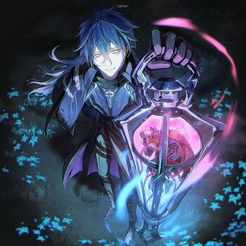 2boys antenna_hair arm_behind_back arm_up artist_name black_boots black_capelet black_coat black_gloves blue_fire blue_flower blue_hair boots capelet closed_mouth coat collared_capelet commentary crossed_bangs english_commentary fire flins_(genshin_impact) flower from_above genshin_impact gloves glowing gradient_hair grass grey_pants hair_between_eyes highres holding holding_lantern knee_boots lantern long_hair long_sleeves looking_at_viewer male_focus mini_person miniboy moonya multicolored_hair multiple_boys night outdoors pants purple_fire rerir_(genshin_impact) shadow signature smile standing thigh_strap trapped yellow_eyes