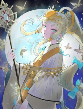 1girl blunt_bangs bug butterfly full_moon glowing_butterfly high_ponytail highres holding holding_staff insect japanese_clothes kanata_(rune_factory) kimono long_hair metal_hair_tubes moon night night_sky ponytail rune_factory rune_factory:_guardians_of_azuma sky staff sun_hair_ornament two-tone_kimono vmzdzxnx7fiyoxx white_kimono