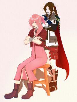 2girls absurdres aerith_gainsborough aerith_gainsborough_(cosplay) armor bangle bar_stool black_choker blue_gloves boots bracelet braid braided_ponytail breasts brown_footwear brown_hair brown_shorts cape center_opening choker cleavage closed_mouth cosplay costume_switch cropped_jacket crossed_arms dress elbow_gloves final_fantasy final_fantasy_vii final_fantasy_vii:_advent_children final_fantasy_xiii fingerless_gloves full_body gloves green_eyes hair_between_eyes hair_over_shoulder hair_ribbon hand_in_another&#039;s_hair highres holster in-franchise_crossover jacket jewelry lightning_farron lightning_farron_(cosplay) long_dress lux_spei medium_breasts multiple_girls parted_bangs pink_dress pink_hair pink_ribbon red_cape red_jacket red_ribbon ribbon ribbon_choker short_sleeves shorts shoulder_armor single_braid sitting smile stool thigh_holster vest voice_actor_connection white_vest