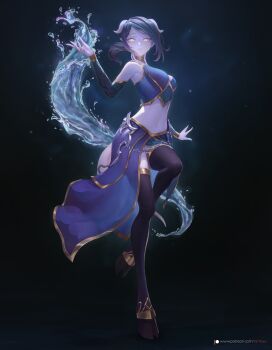 1girl absurdres arm_up black_background black_hair black_thighhighs blue_shirt blue_skin colored_skin crop_top detached_sleeves draenei fanfoxy full_body highres hooves horns hydrokinesis looking_at_viewer navel shirt sleeveless sleeveless_shirt solo standing standing_on_one_leg tail thighhighs warcraft water white_eyes world_of_warcraft