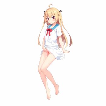 1girl absurdres atri atri-my_dear_moments- bare_legs barefoot blonde_hair bottomless highres loli non-web_source pussy red_eyes spread_pussy spreading_own_pussy